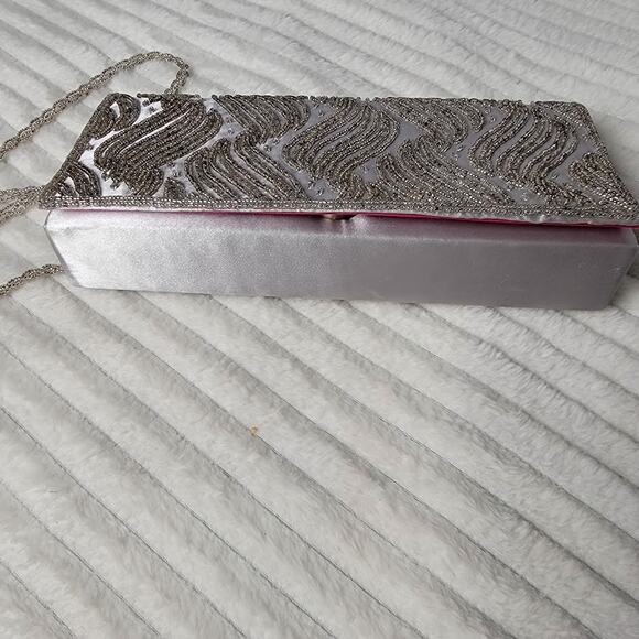 Nina Silver Beaded Evening Clutch Purse Bag Chain Strap Formal Wedding Prom - Picture 7 of 7